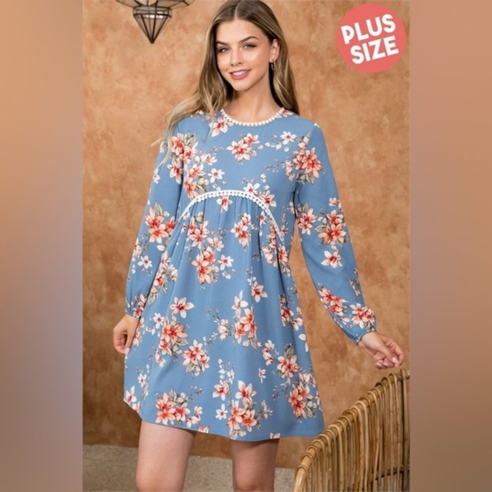 1X 2X 3X PLUS SIZE RIBBON DETAIL NECKLINE LONG SLEEVE FLORAL PRINT DRESS